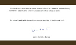 Firma de Jaime Montalvo en el Laudo de Iberia en mayo de 2012